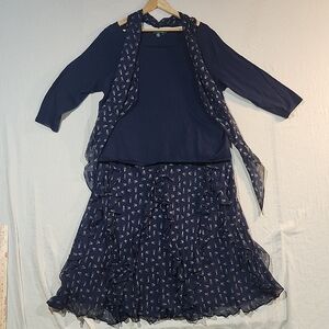 Lauren Ralph Lauren 3 Pc Navy Blue Light Sweater 1X Silk‎ Maxi Skirt 3X & Scarf